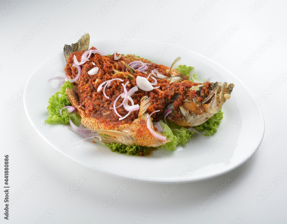 deep fried crispy whole grouper fish with spicy chilli onion sambal sauce asian Halal seafood menu deep fried crispy whole grouper fish with spicy chilli onion sambal sauce asian Halal seafood menu