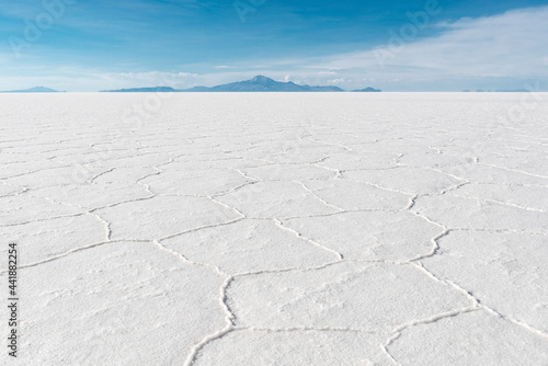 Uyuni salt flat desert landscape with hexagon salt formations, Uyuni, Bolivia.