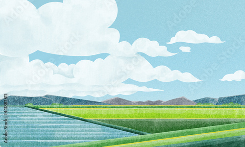 田園風景水彩風手書きイラスト
