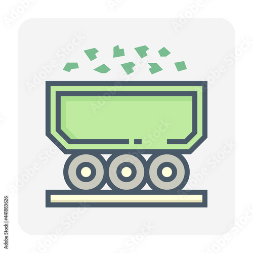 Rail freight wagons transport vector icon. That bulk trolley, cart or container. For logistics transportation industry to delivery goods, cargo or material from mine i.e. iron ore and coal. 64x64 px.
