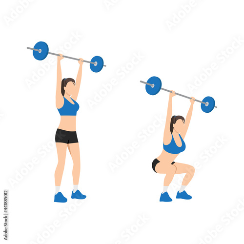 Woman doing Barbell overhead press exercise. Flat vector illustration isolated on white background