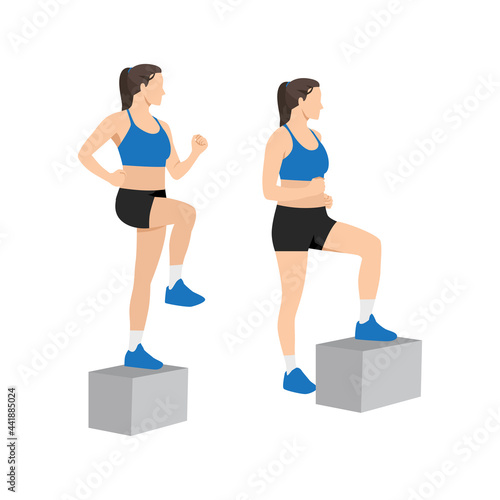 Woman doing Chair step ups exercise. Flat vector illustration isolated on white background