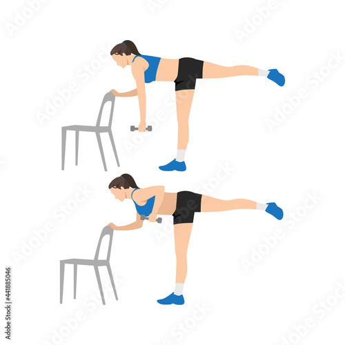 Woman doing Single leg dumbbell row exercise. Flat vector illustration isolated on white background