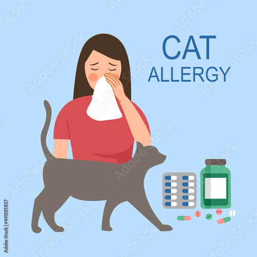 Woman having cat allergy symptom concept vector illustration. Female sneezing with walking cat and medicine in flat design. 