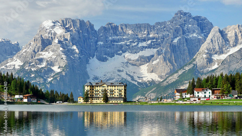 Lake Misurina in the Italian Dolomites reflection in the lake