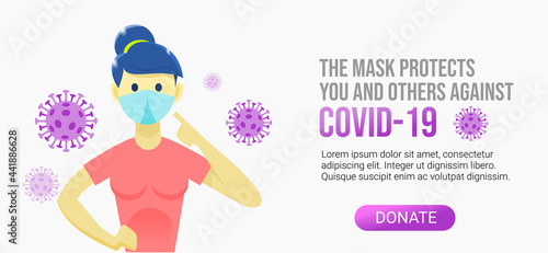 COVID-19 theme to web. Woman with the mask. Protect every body.