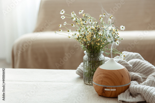 Cozy home composition with an air humidifier and wildflowers. photo