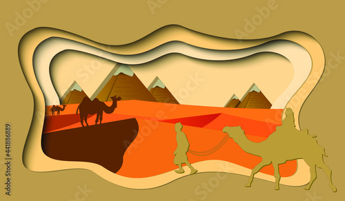 Paper art Camel and Pyramid in desert background , paper cut style , vector illustration wallpaper
