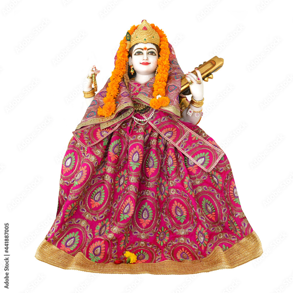 Saraswati goddess statue isolated on white background. Saraswati is the Hindu goddess of knowledge, music, art, wisdom, and learning.