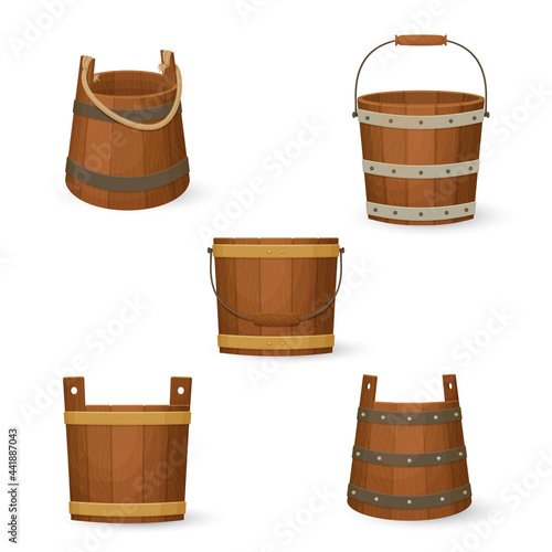 Collection of old wooden buckets of various shapes with different handles. Cartoon style illustration. Vector. © Tatiana Zhzhenova