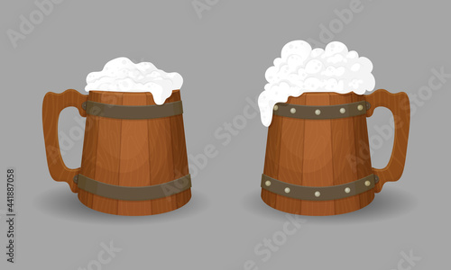 Two full wooden beer mugs. Vintage. Cartoon style illustration. Vector icon.