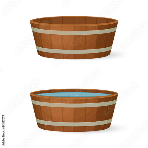 Round wooden tub with and without water. Cartoon style illustration. Vector icon. © Tatiana Zhzhenova