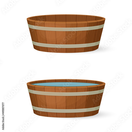 Round wooden tub with and without water. Cartoon style illustration. Vector icon.
