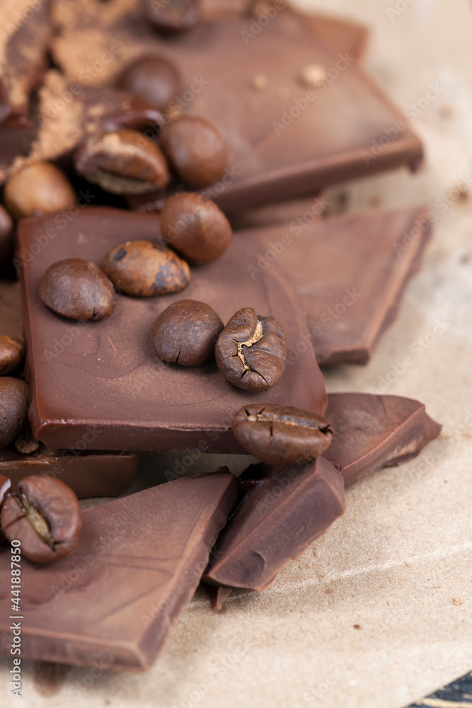 chocolate bar with cocoa powder topping and coffee beans chocolate bar with cocoa powder topping and coffee beans