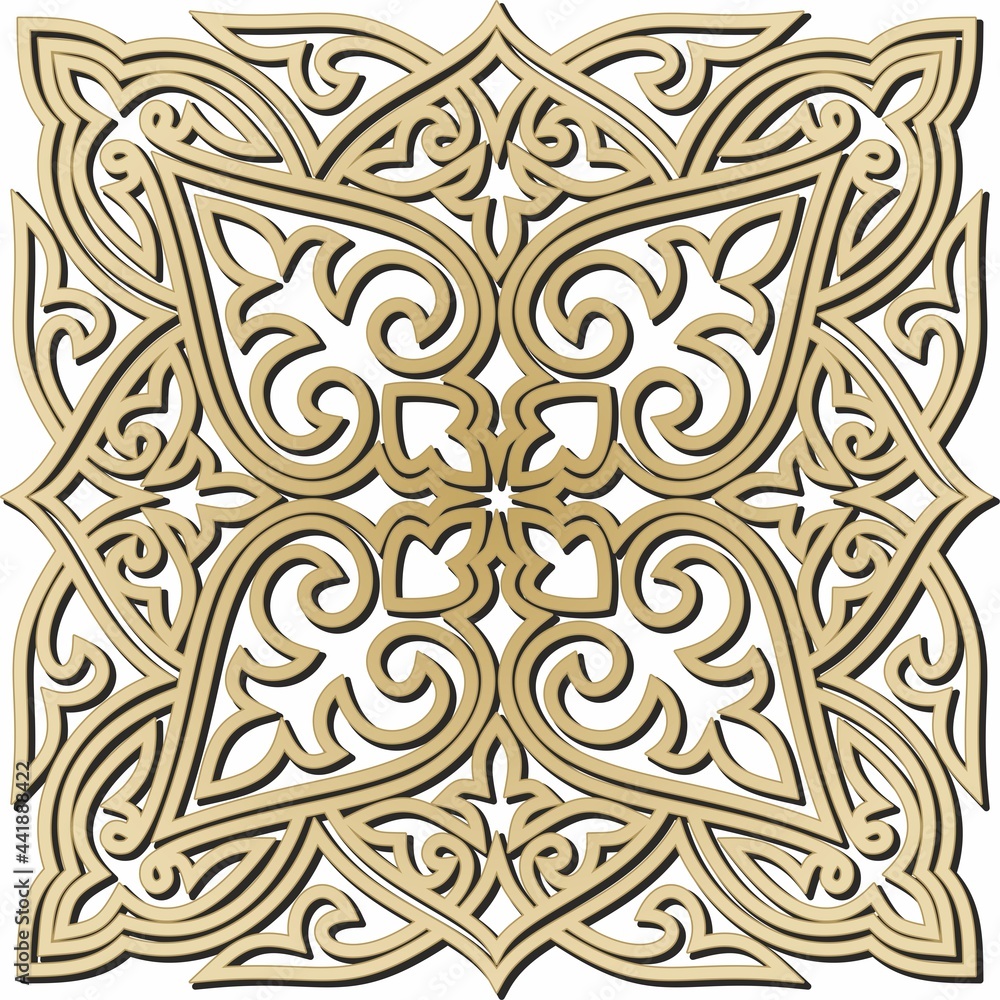 Vector gold Kazakh national pattern. Square ethnic ornament of steppe nomadic peoples. Vector gold Kazakh national pattern. Square ethnic ornament of steppe nomadic peoples.