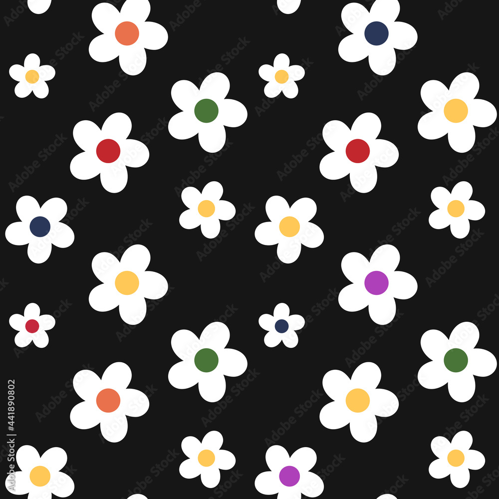 Retro style white daisies scattered on a black background. Seamless repeating vector background.