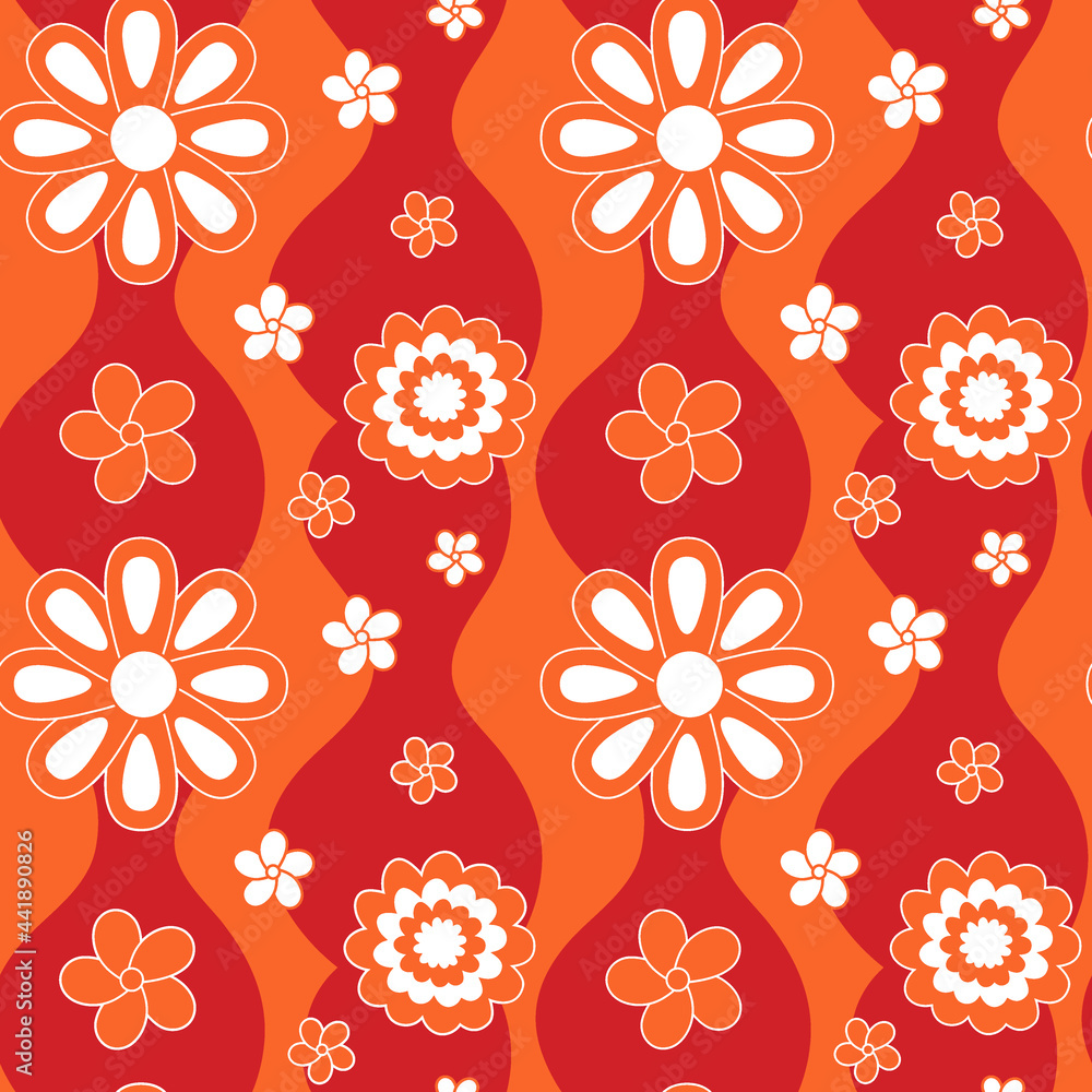 Bold orange and white 70s flowers on an orange and red background. Seamless repeating vector background.