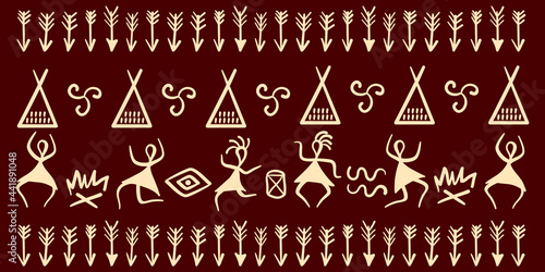 Traditional rituals of ancient tribes and symbols. Dances of ancient people around the fire, dwellings, arrows. Vector border.