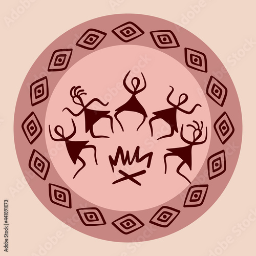 Primitive figures of ancient tribes and symbols. Traditional rituals around the fire. Dances of ancient people by the fire. Vector hand-drawn illustration in a circle