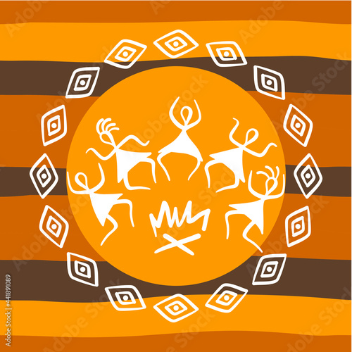 Traditional rituals around the fire. Dances of ancient people by the fire. Vector