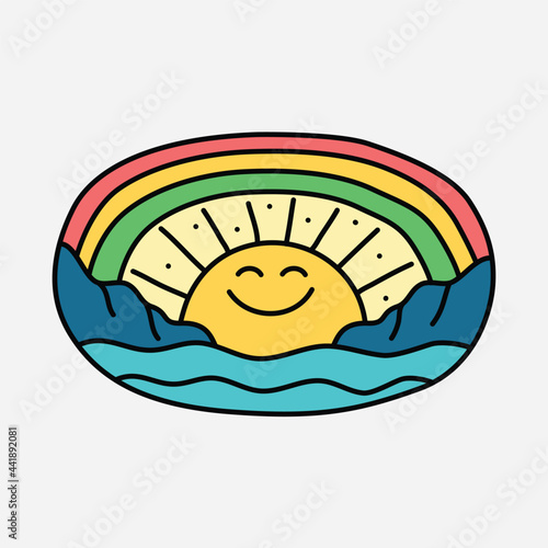 Beauty beach with sun and rainbow graphic illustration vector art t-shirt design