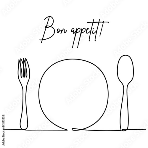 Cutlery as a serving in a restaurant or cafe: a fork, a plate, a spoon. Bon appetit Continuous one line drawing. Minimalist single line art, abstract hand drawn style.Vector illustration, eps10