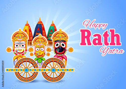Lord Jagannath, Balabhadra and Subhadra on annual Rathayatra in Odisha festival background