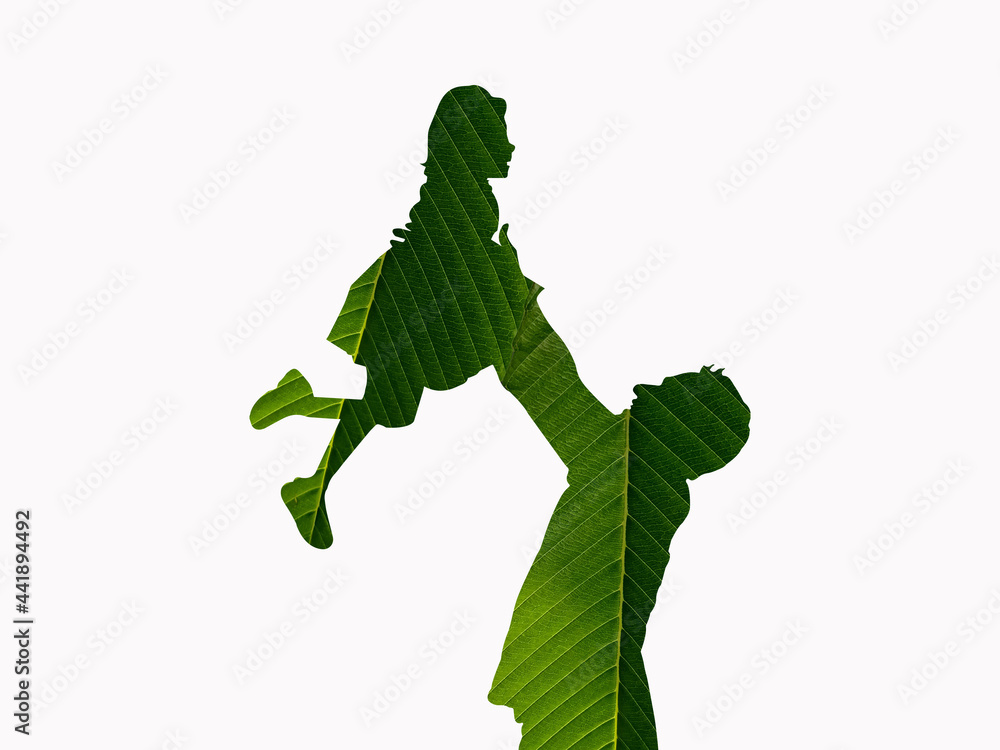 Fototapeta premium Green Eco-Friendly father's day concept. 3D Father and daughter shape isolated on a green leaf. Environment Day, Earth Day, Nature Day