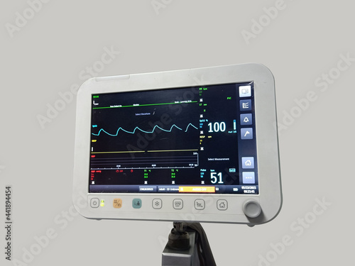 Patient oxygen and heart rate monitor machine screen. Health care device in hospital for coronavirus patient oxygen saturation level and heart rate.