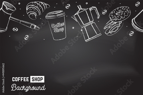 Seamless pattern for coffee shop, restaurant, cafe, bar. Cafe menu background. Vector. Coffee, croissant, cup, beans, grinder and grinder on the chalkboard