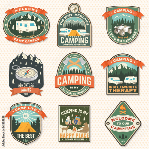 Set of camping badges. Vector Patch or sticker. Concept for shirt or logo, print, stamp or tee. Vintage typography design with compass, tent, mountain, camper trailer and forest silhouette.