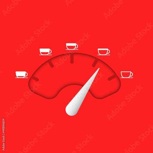 Coffee indicator, scale and arrow with white coffee cup on red background. Coffee thermometer, caffeine passion scales, measurement gauge for coffee lover meter concept. Design element. Vector.