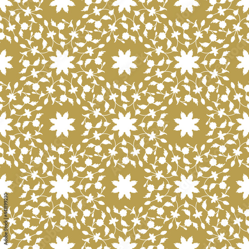 Seamless geometrical pattern with ornate floral motifs. White silhouettes on yellow gold background.