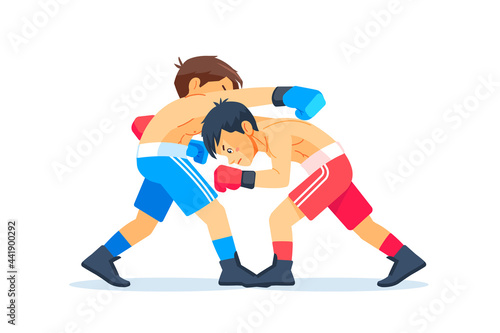 Boxing among young teen. Kids boxing, kickboxing children. Children fight with these adult emotions. Popularization of sports and healthy lifestyle. Vector illustration of boxing isolated on white.