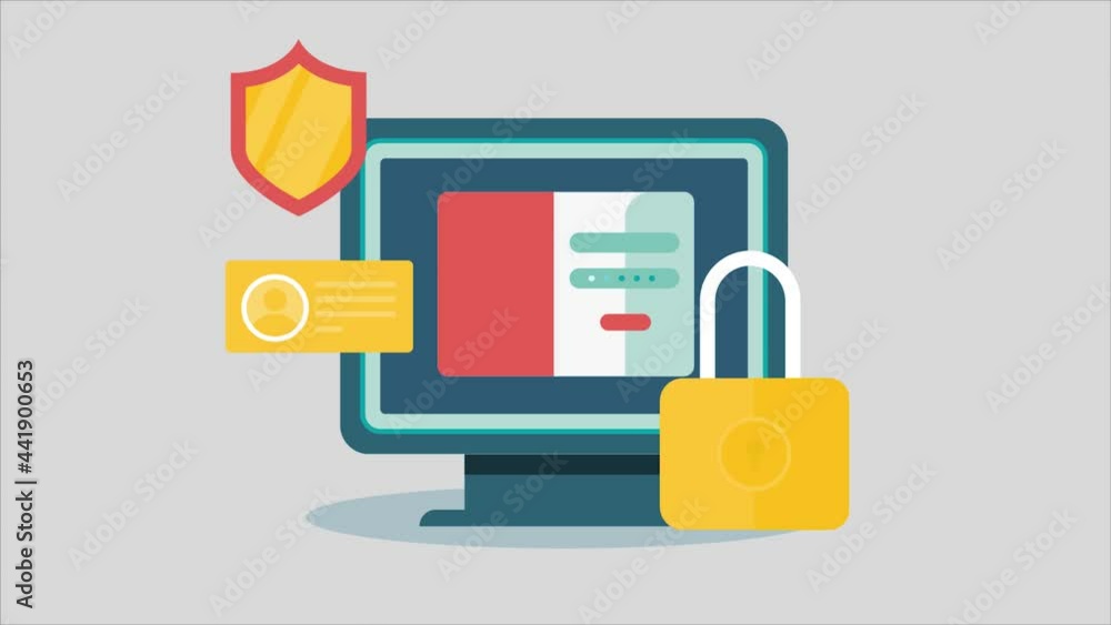 Personal data privacy password protection, two step authentication, internet security, personal information web security technology, data encryption software with shield and lock concept, 2d animation