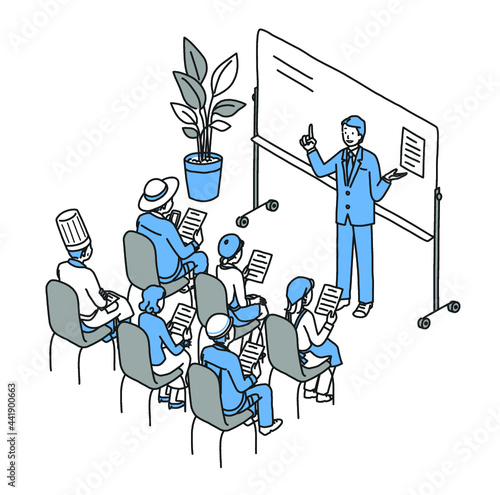 男性講師のセミナーを受講するいろいろな職業の人たち