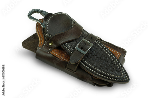 Double pack Damascus knife in the leather scabbard and phone case on white background hand cafe of Thailand
