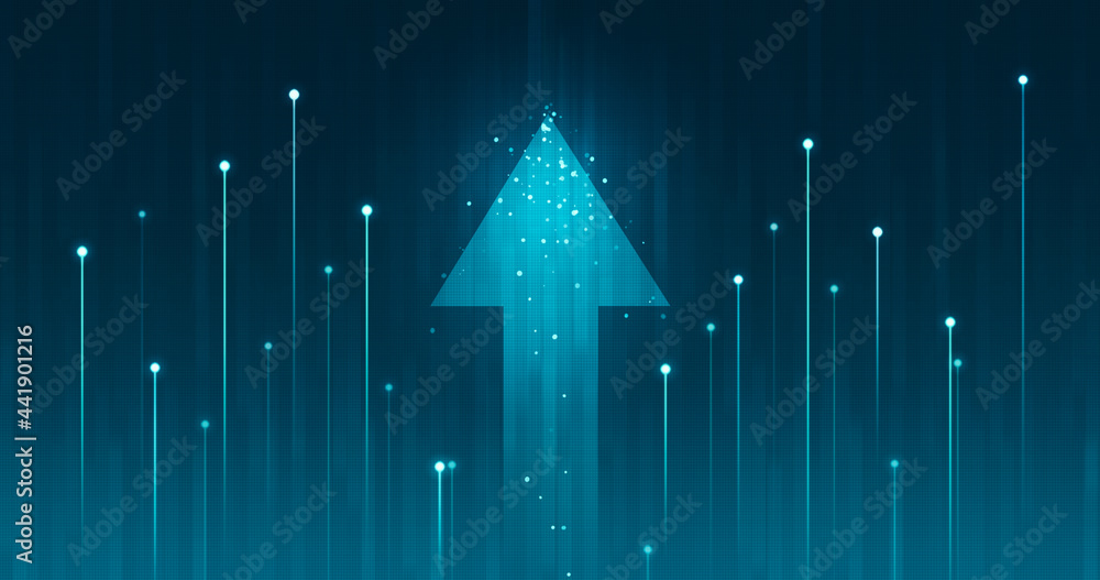 Growth arrow up and progress success business skill increase improvement graph on market profit stock background with goal of achievement futuristic finance economy. - obrazy, fototapety, plakaty 