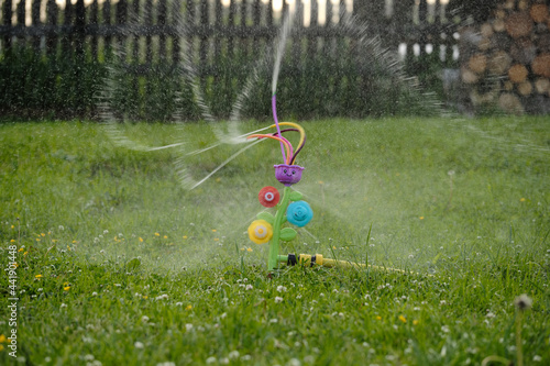 plastic toy nozzle in the shape of a flower for watering the lawn. splashes of water scatter in different directions