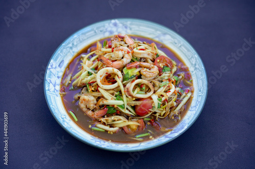 Street Food In Thailand, Papaya Salad with Seafood
