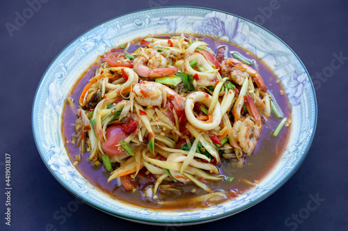 Street Food In Thailand, Papaya Salad with Seafood
