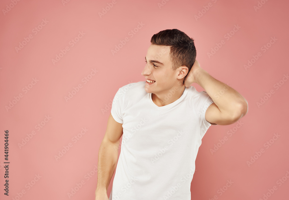emotional man in t-shirt gesturing with hands emotions isolated background emotional man in t-shirt gesturing with hands emotions isolated background