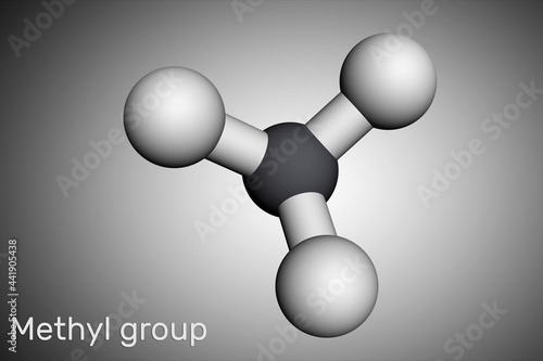 Methyl group (Me), CH3. It is alkyl functional group, structural unit of organic compounds Molecular model. 3D rendering photo
