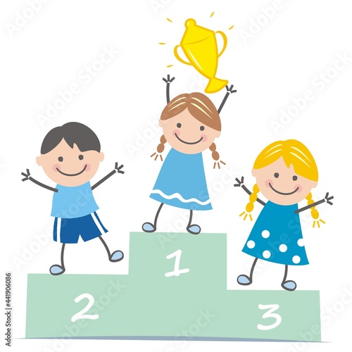 winning team,vector illustration, group of children with cup, blue dress, color picture on white background