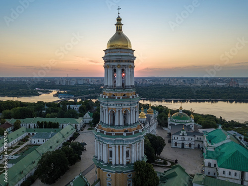 Kiev Pechersk Lavra at dawn. Clear morning. Aerial drone view.