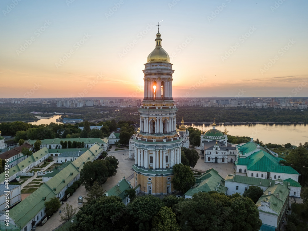 Kiev Pechersk Lavra at dawn. Clear morning. Aerial drone view.