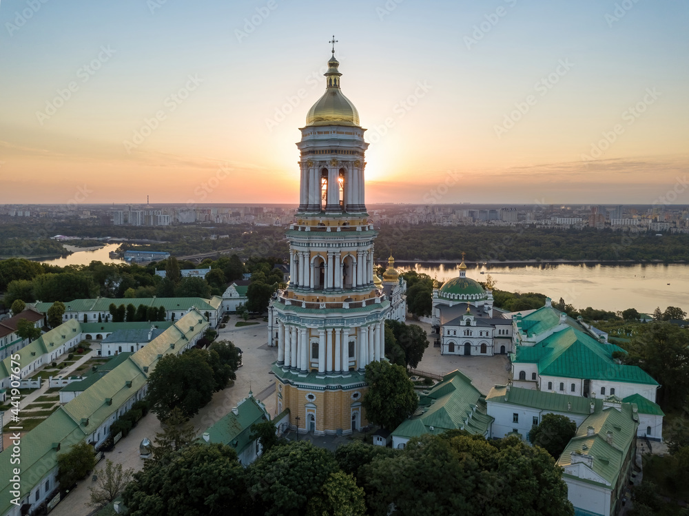 Kiev Pechersk Lavra at dawn. Clear morning. Aerial drone view. - obrazy, fototapety, plakaty 