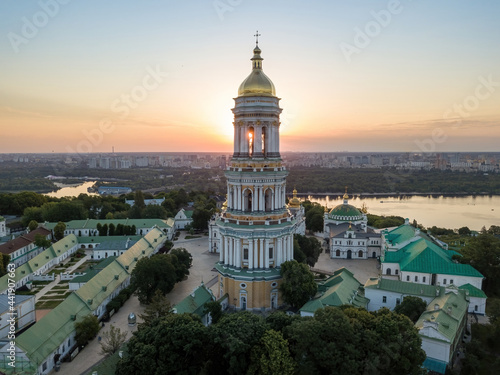 Kiev Pechersk Lavra at dawn. Clear morning. Aerial drone view.