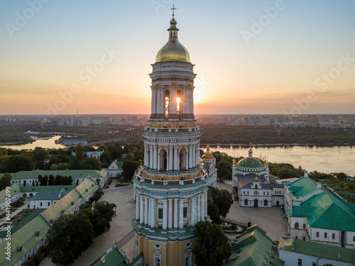 Kiev Pechersk Lavra at dawn. Clear morning. Aerial drone view. photo