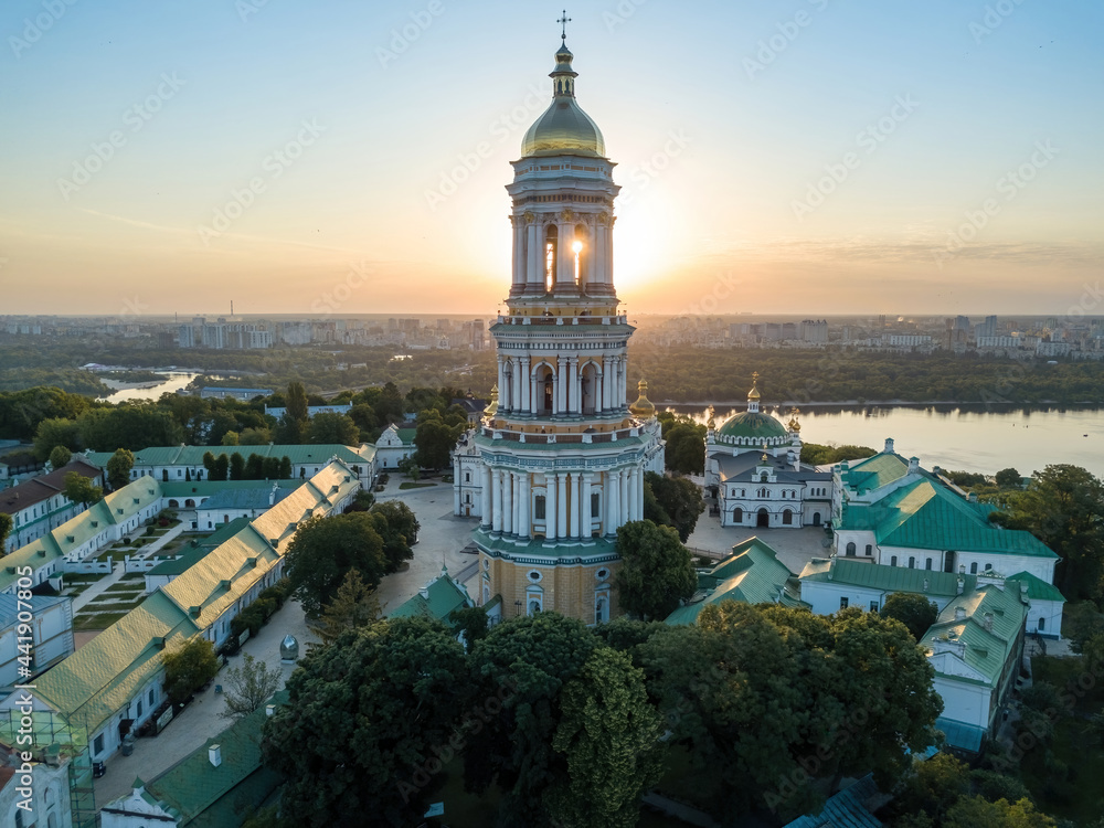 Kiev Pechersk Lavra at dawn. Clear morning. Aerial drone view.